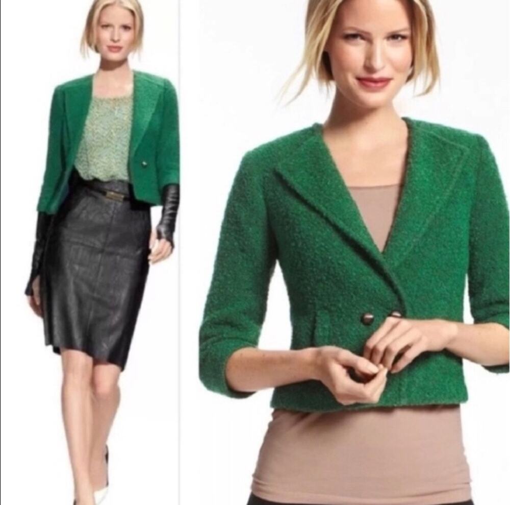CAbi Ivy Green Wool Blend Boucle 3/4 Sleeve Blazer Size 8